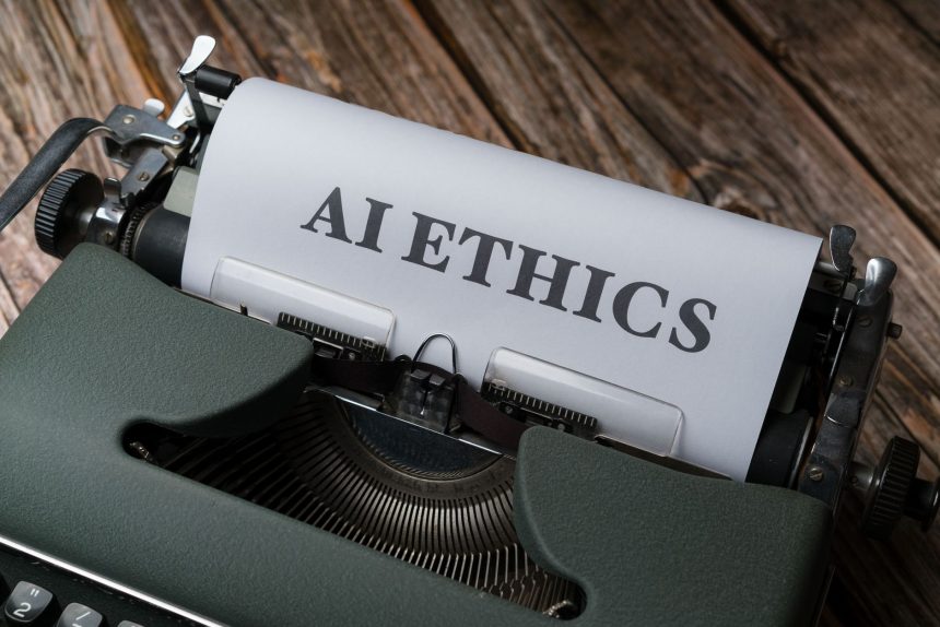 Máquina de escrever antiga com as palavras "AI Ethics" datilografadas em uma folha de papel.
